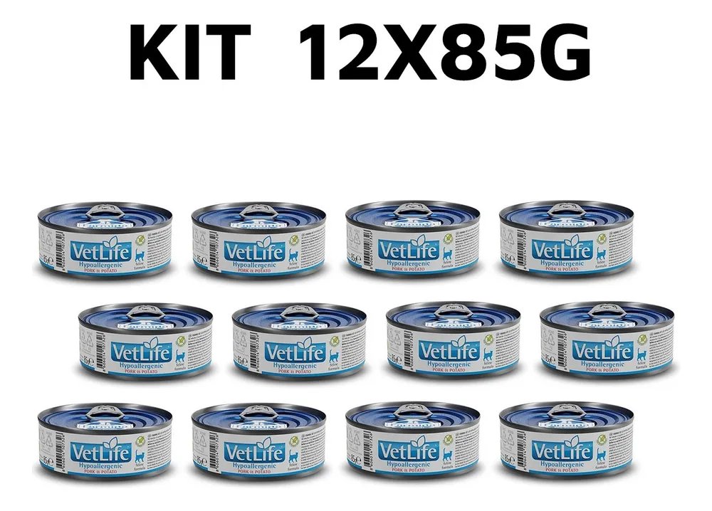 Kit C/12x85g Latas Vetlife Feline Hypoallergenic Pork Potato
