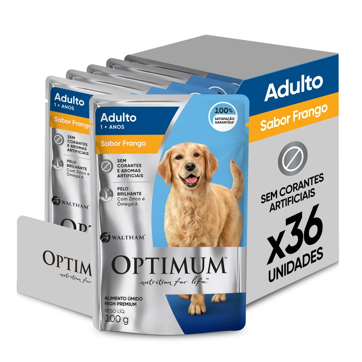 Pack Ração Úmida Optimum Sachê para Cães Adultos Frango 100 g - 36 unidadaes