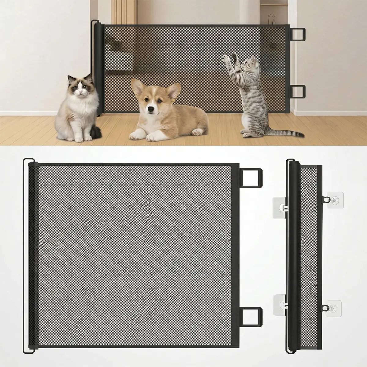Grade para Cachorros Retrátil, Cercado para Cachorros em Tela de Proteção, Portão de Segurança para Bebês e Pets, Fácil Instalação para Portas, Corredores, Escadas e Varandas(Preto-70 * 110)