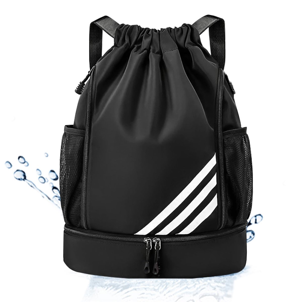 Mochila Esportiva com Cordão, Separação seca e húmida, Mochila de grande capacidade para viagens de lazer, Bolsos Laterais em Malha, Preto com Listras