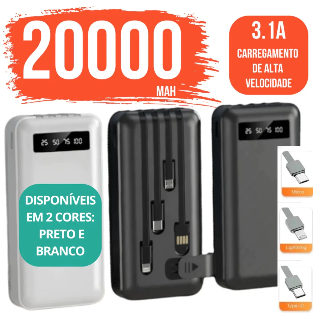 Power Bank Portátil 20000mAh com 4 Cabos Carregador Universal para Celular, Mundial