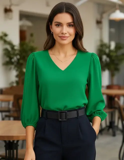 Blusa Feminina Manga Bufante 3/4 Gola V Crepe Alfaiataria