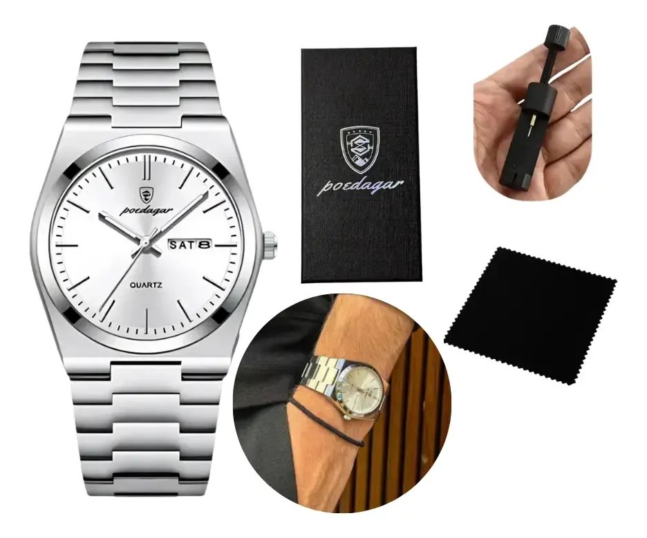 Relógio Poedagar Suiço  Masculino Aço Inox Old Money C/caixa Prateado Branco