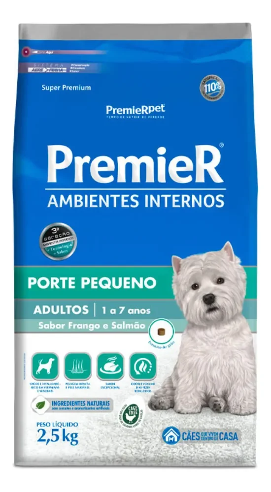 Ração Premier Ambientes Internos Cães Adultos Raças Pequenas Frango e Salmão 2,5 kg