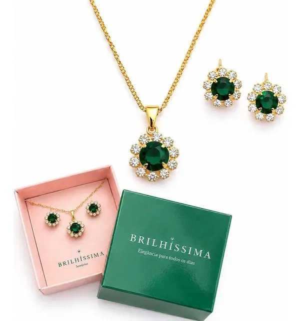Conjunto Colar Brinco Zirconia Folheado A Ouro Presente