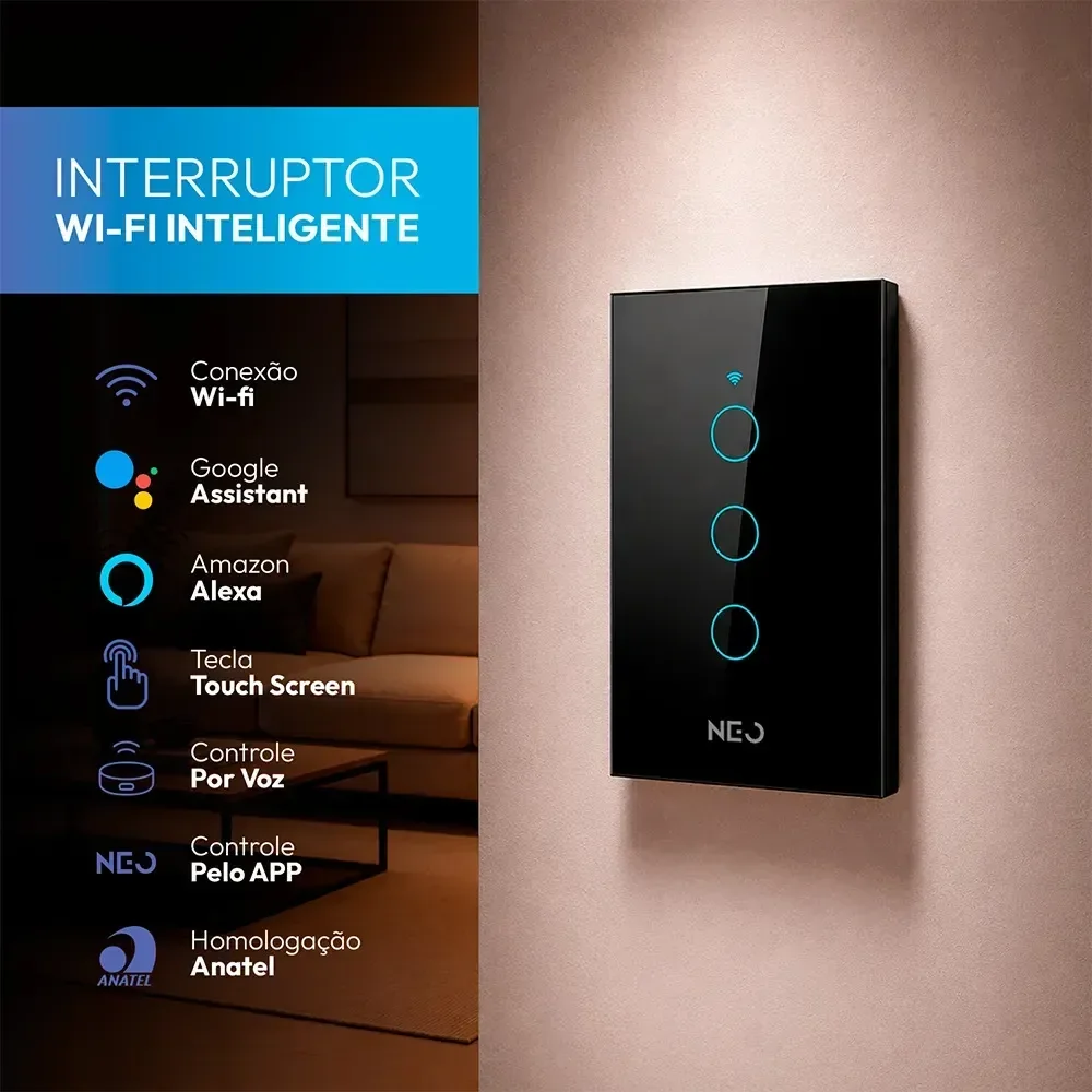 Interruptor Inteligente Wifi 4x2 Touch 3 Botões Alexa Google Cor Preto NEO by Avant