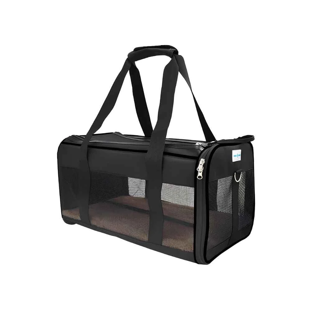 Bolsa Transporte Pet para Avião Cabine Viagem Ventilação Cães e Gatos Reforçada até 10kg Tela Arejada Alça e Tapete Removível Preta - Duke & Dixie