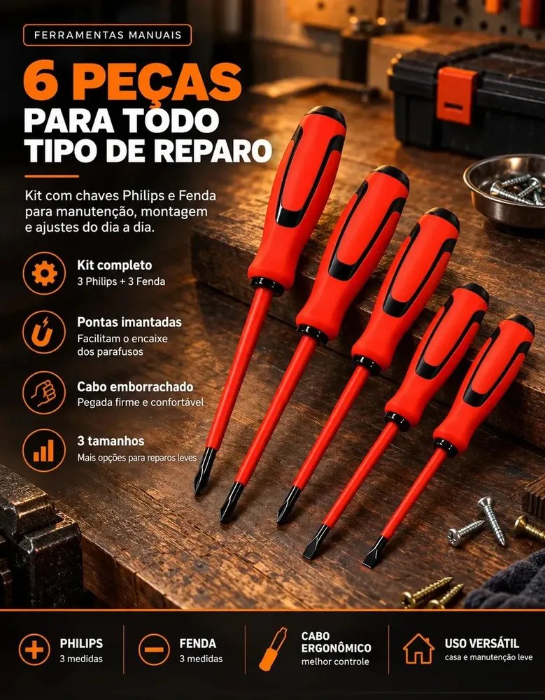 Jogo de 6 Peças Chaves Fenda e Phillips Isoladas Imantadas Eletricista Kit Profissional Ponta Magnética Cabo Emborrachado Ferramentas Pro Brindes