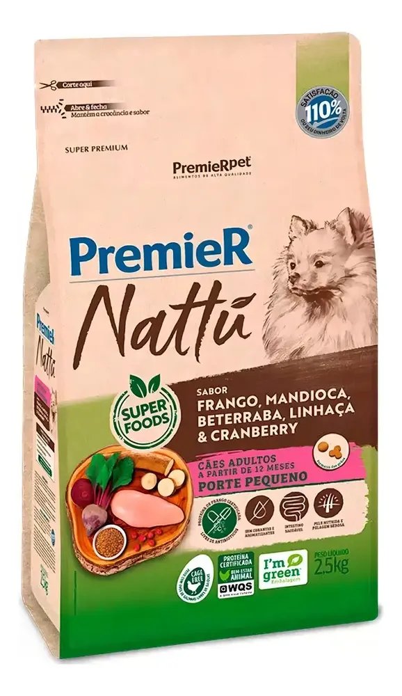 Ração Premier Nattu Cães Adulto Raças Pequena Mandioca 2,5kg
