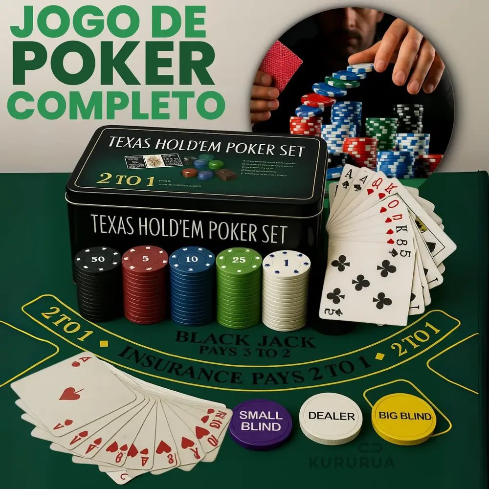Kit Jogo De Poker Texas Semi Profissional Completo 200 Fichas Numeradas Campeonato Marca Kururuá