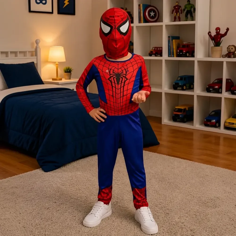 Fantasia Infantil Homem Aranha Longa C\ Mascara Pano Vermelho M  Veste 3/4 Anos