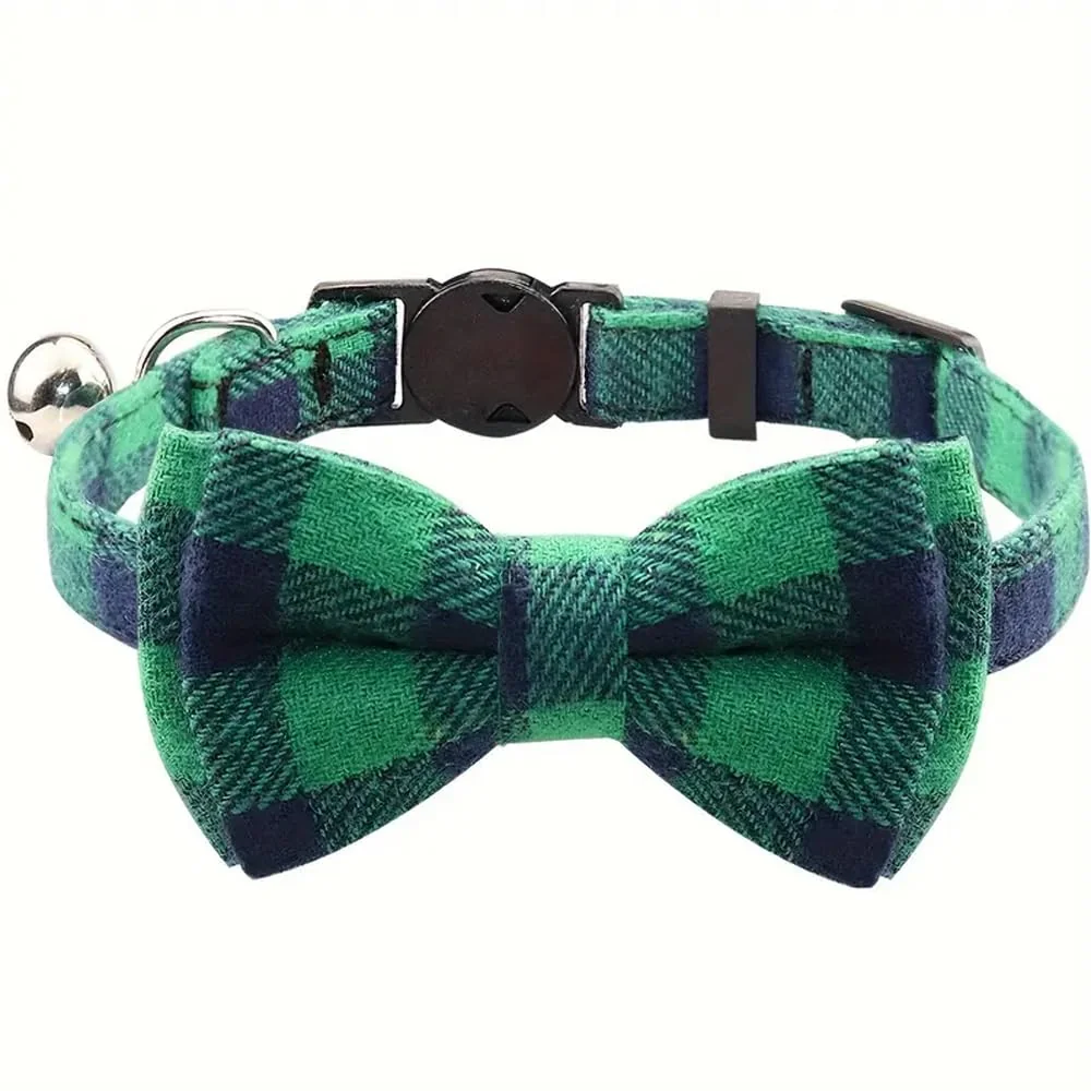 Linda coleira quadriculada para gatos com laço - coleira ajustável e confortável, perfeita para gatos e outros animais de estimação pequenos, verde