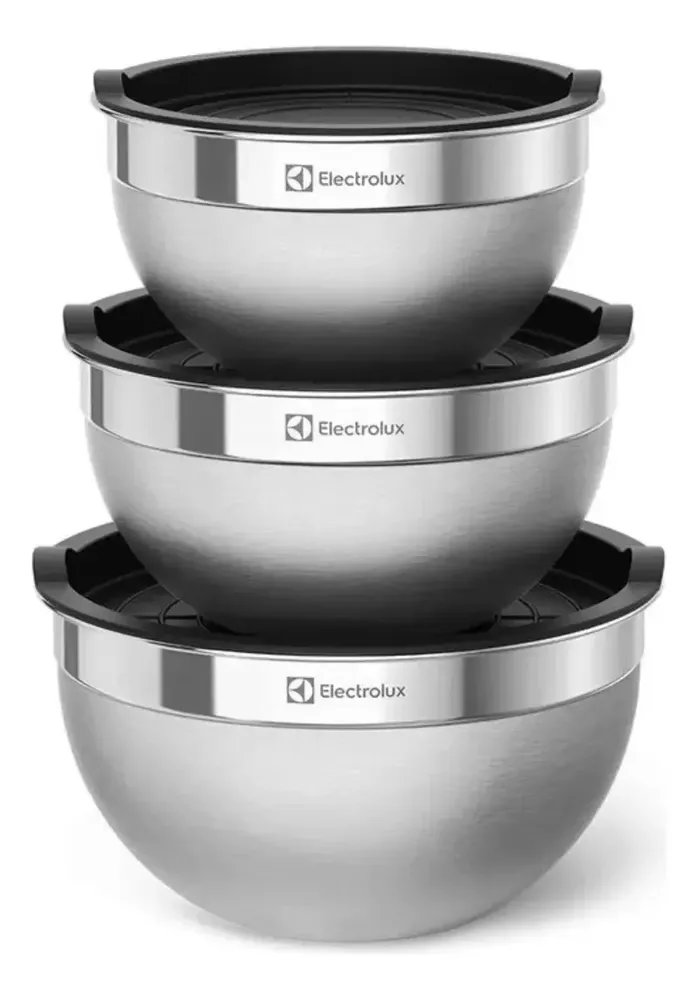 Electrolux Kit Bowls Tigelas em Inox com Tampa Plástica 3 Unidades Utensílios Domésticos de Cozinha