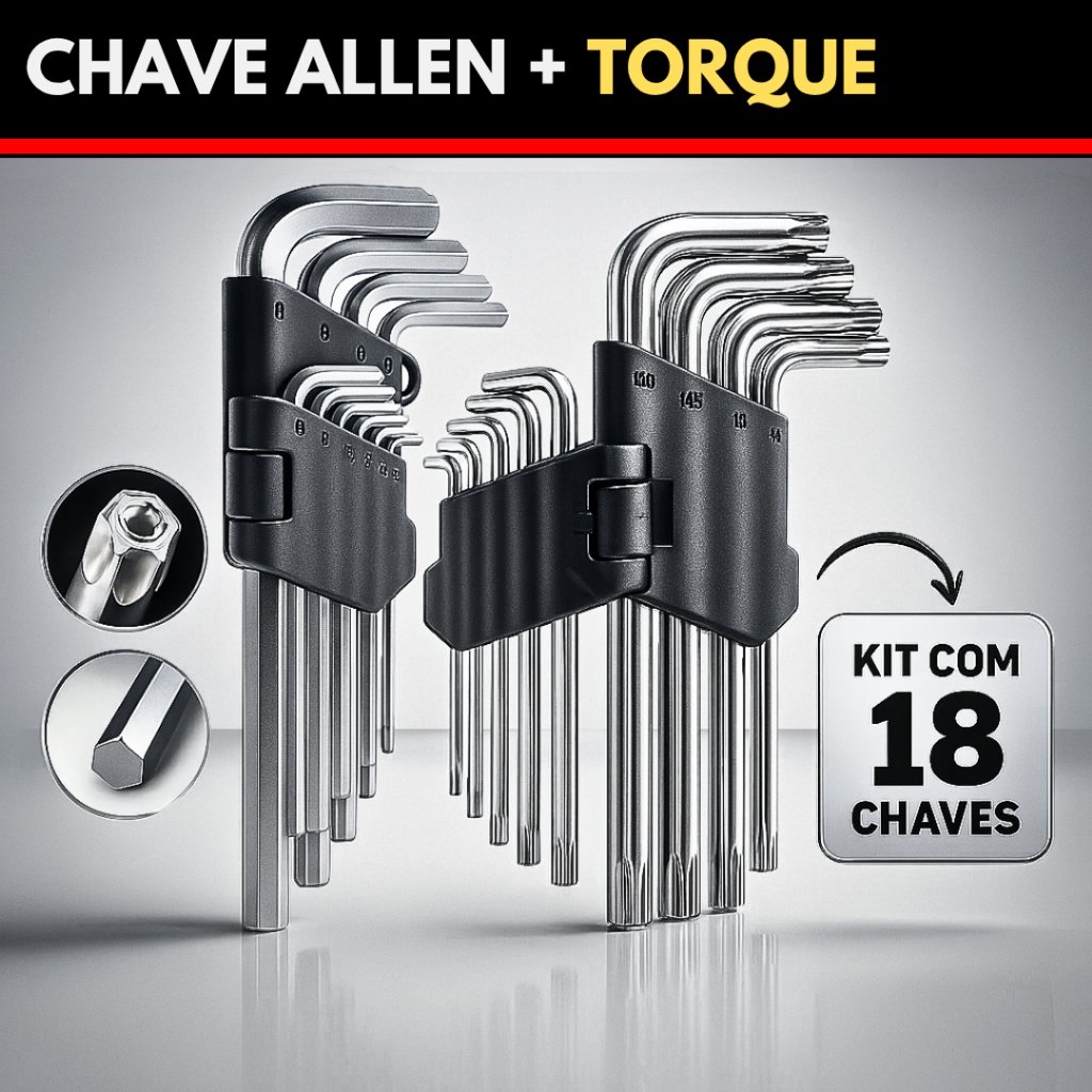 Jogo de Chave Torx + Jogo Allen Curta Kit com 18 Peças Torque e Allen T10 até T50