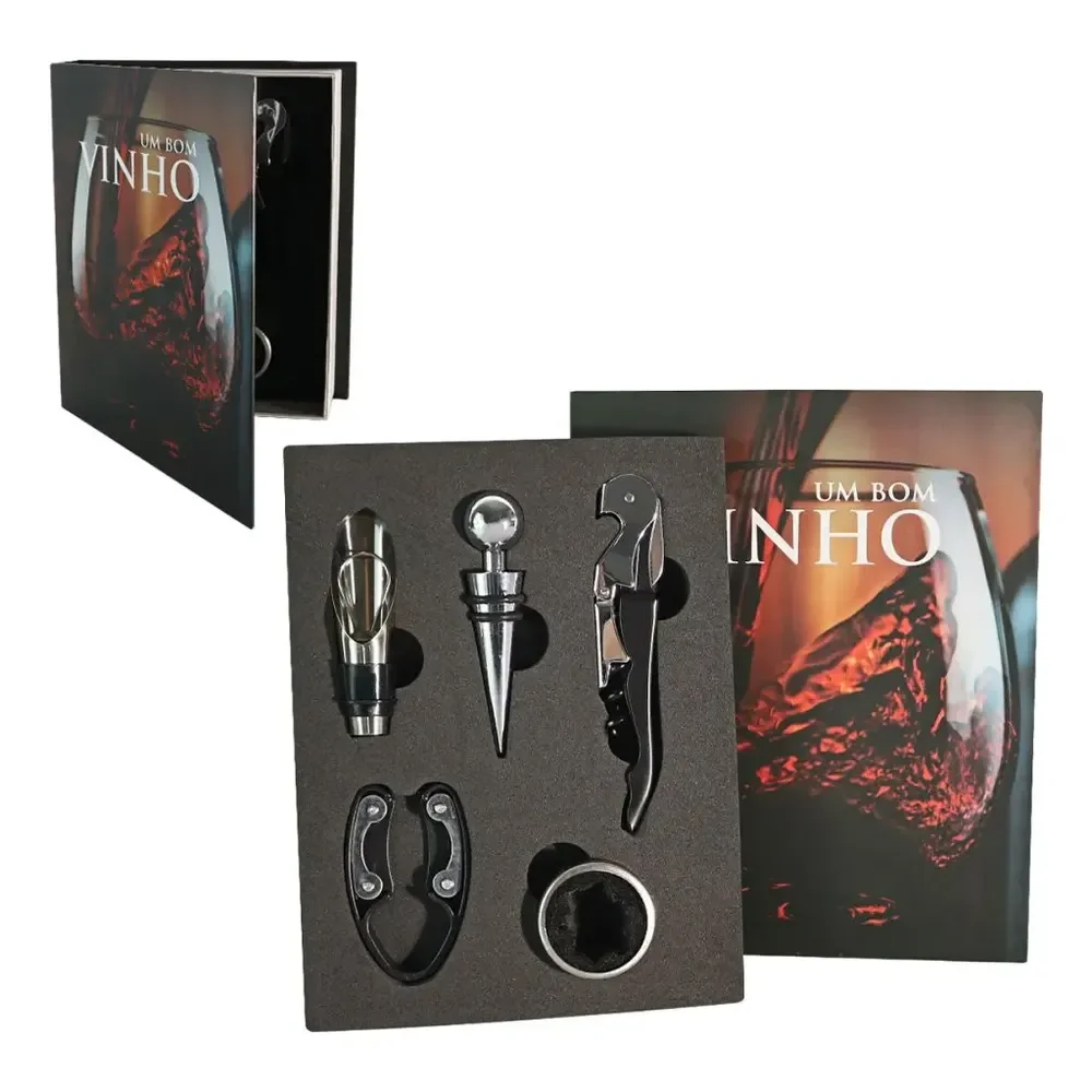 Kit Vinho 5 Peças: Abridor, Dosador, Saca Rolhas E Tampa
