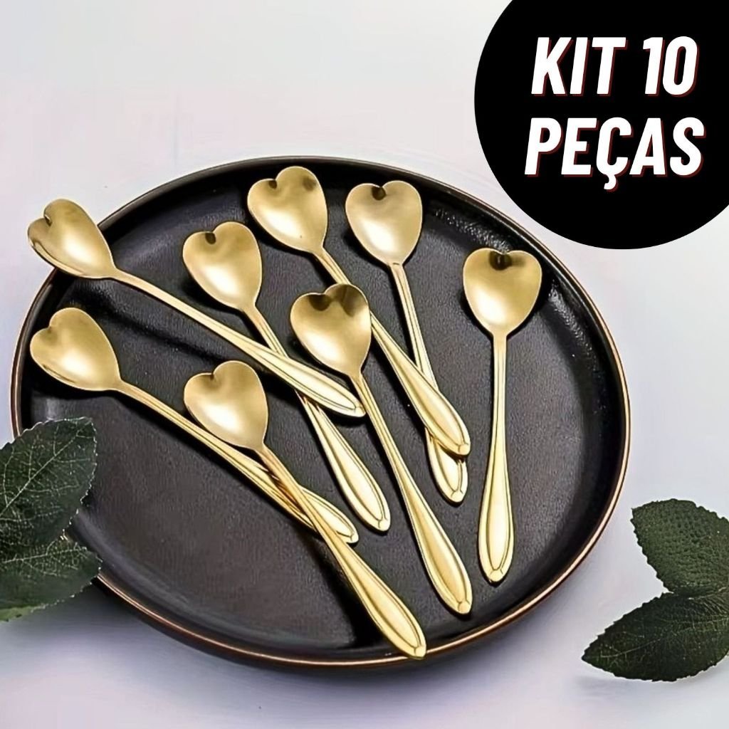 Kit 10 Colheres Coração Fofa para Cozinha Mesa Posta Douradas Café Sobremesa Chá Aço Inoxidável