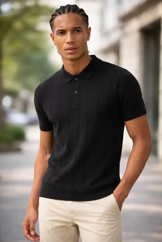 Camisa Polo Masculina Tricot Casual Canelada Original  Preto Lisa P