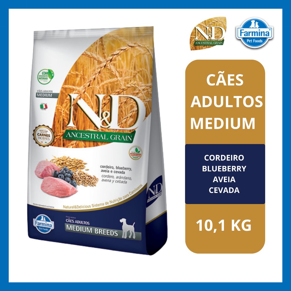 Ração 10,1Kg Farmina N&D Ancestral Grain para cães Adultos raças medias Cordeiro e blueberry