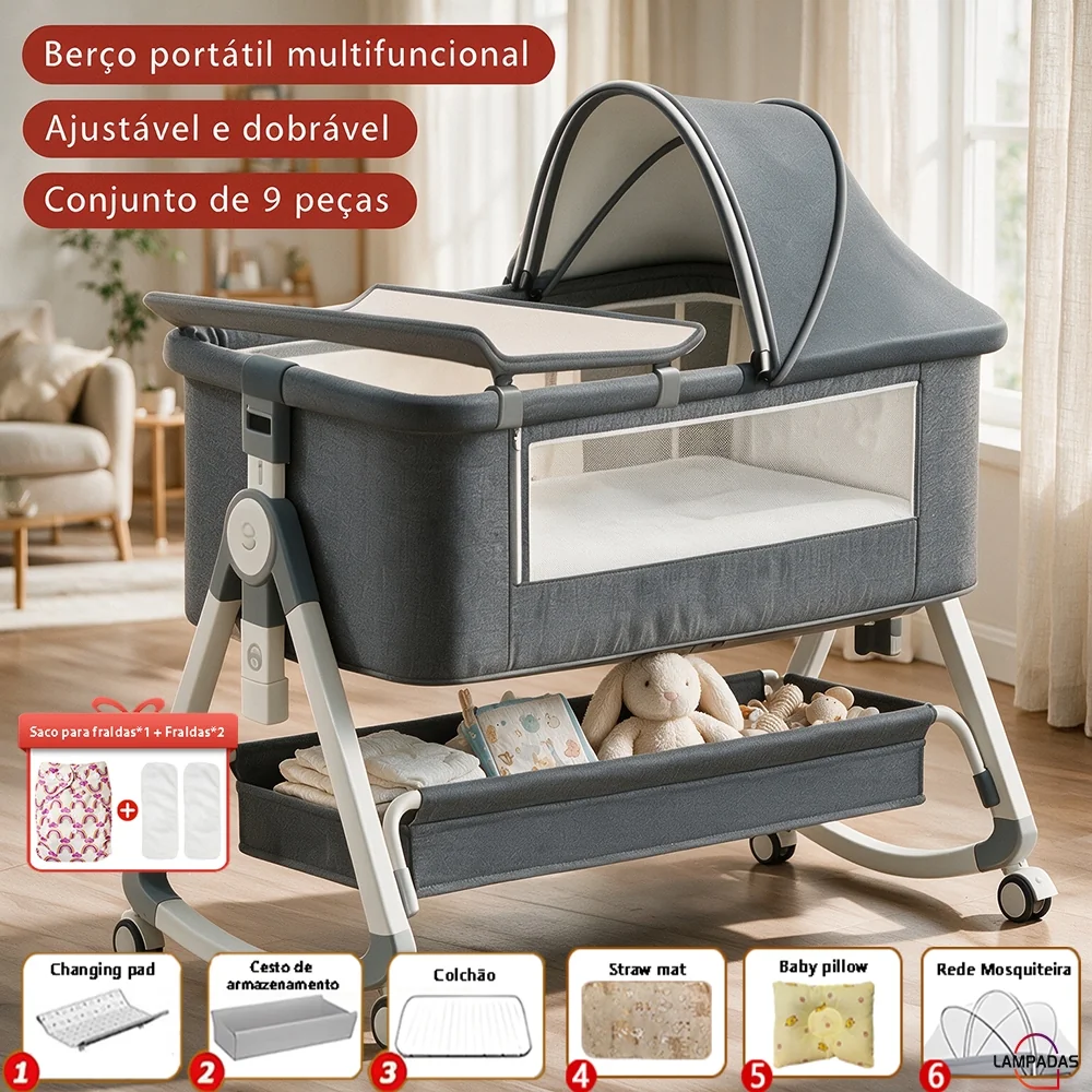 Berço Portátil Com Mosquiteiro Cama De Duas Camas 0-3 Anos Fecho De Segurança 3 Em 1 Ajustável