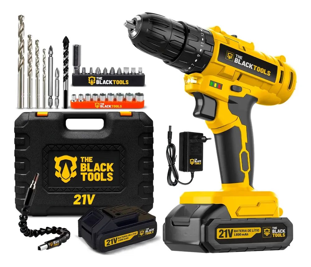 Parafusadeira Furadeira De Impacto A Bateria 21V 3/8” Bivolt 1400 Rpm Com Acessórios E Maleta TB-21PZW The Black Tools