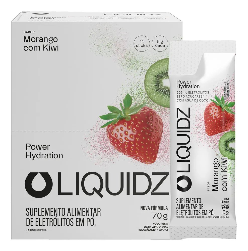 Liquidz® Eletrólitos Zero Açúcar Morango Com Kiwi  14 Sachês Morango Com Kiwi