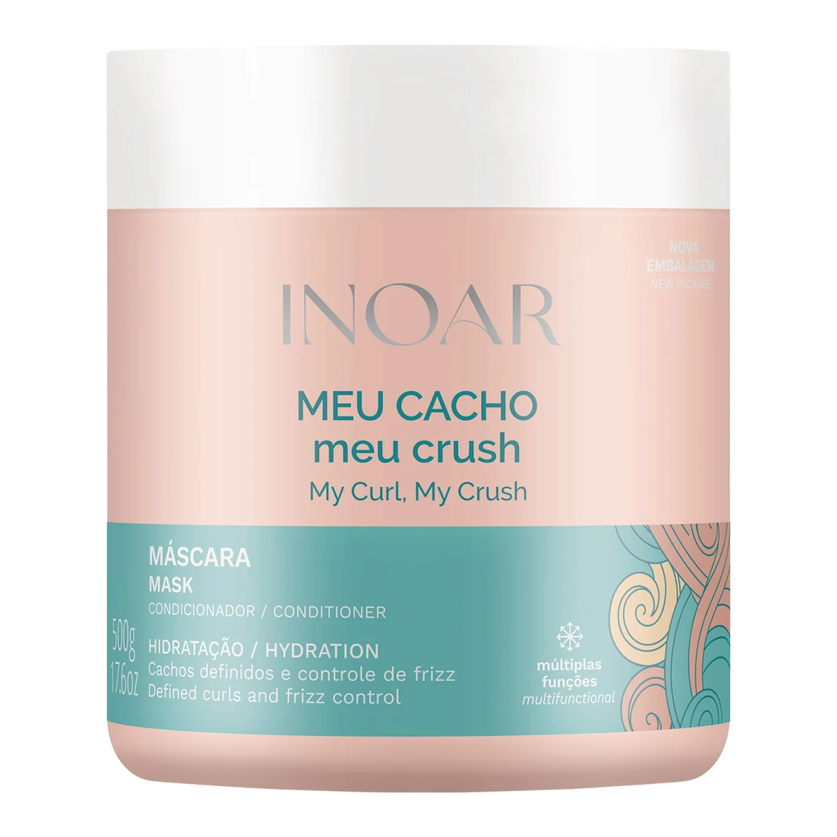 Inoar, Máscara Capilar Meu Cacho Meu Crush – Hidratação, Brilho e Definição com Colágeno Vegetal e Vitamina E - 500ml