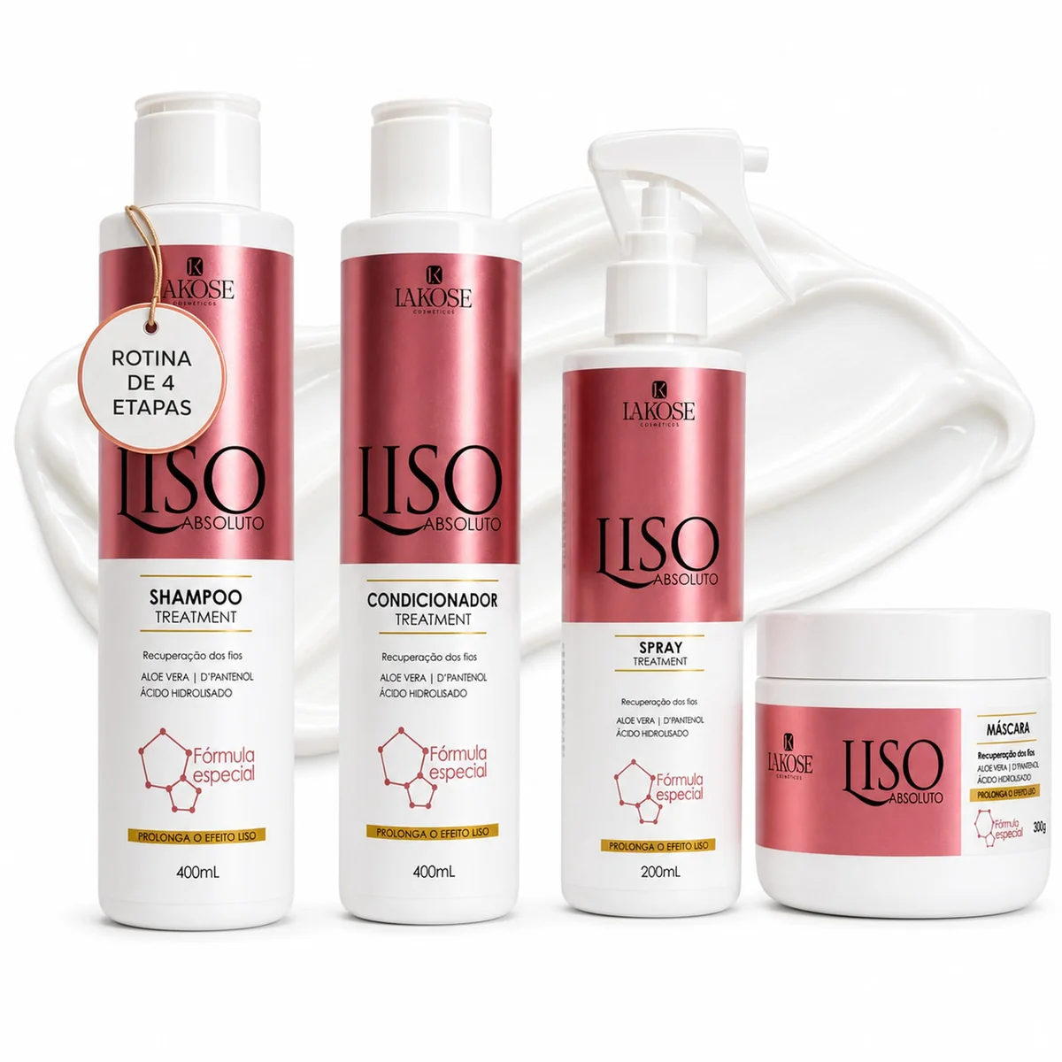 Kit Lakose Liso Absoluto Shampoo Condicionador Máscara e Spray 4 Passos