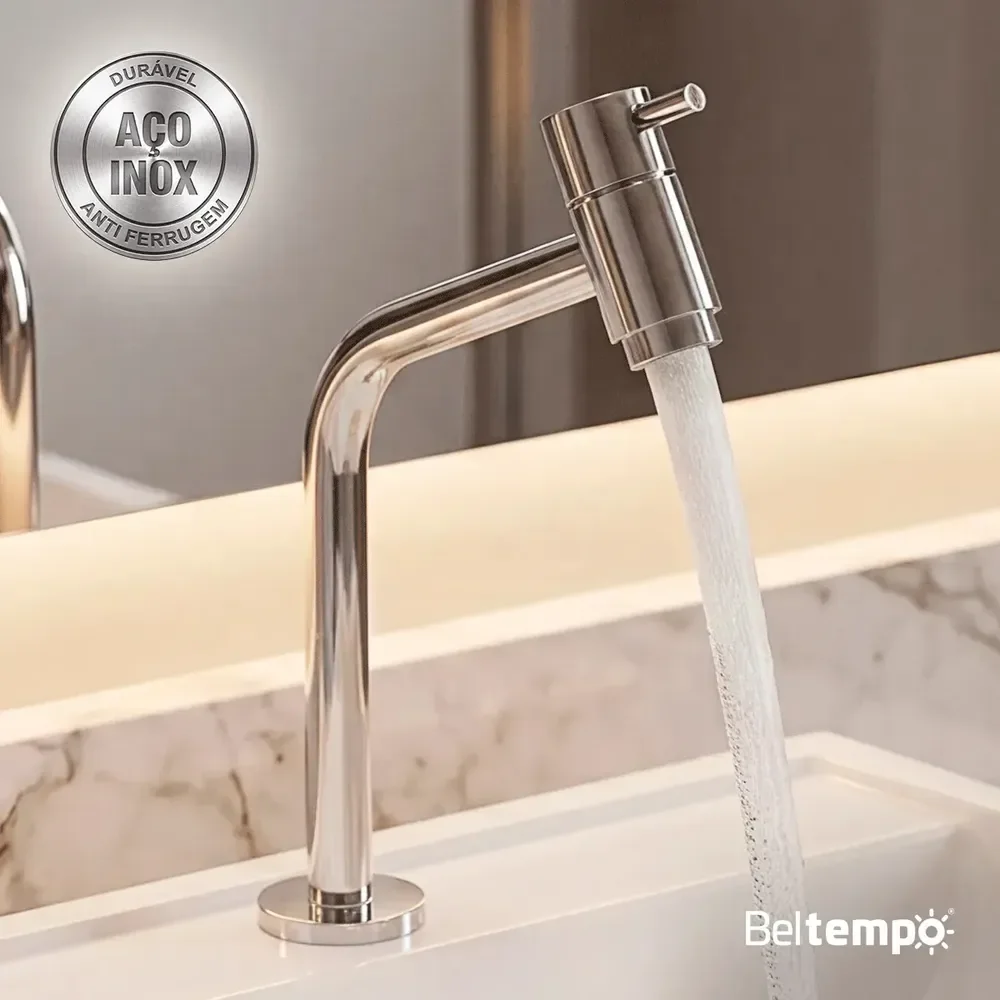 Torneira Banheiro Lavabo Bica Baixa Bancada Inox Cromada Link 45° Beltempo