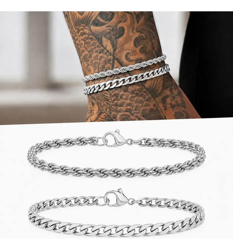 Kit 2 Pulseiras Masculinas Prata Aço Inox 316l Grumet Baiano Prateado 21 Cm