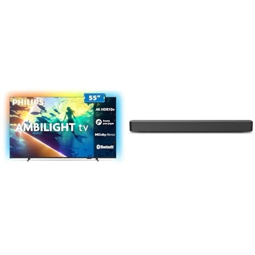 PHILIPS, Smart TV Ambilight 55" 4K, 55PUG8100/78 + PHILIPS, Soundbar, TAB4000, Aparelho de Áudio para TV com Bluetooth, HDMI ARC e USB
