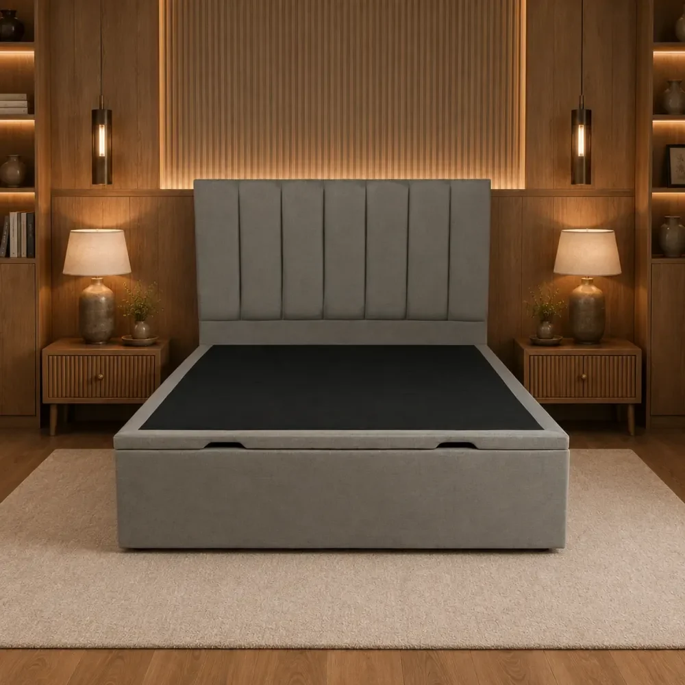 Cama Base Box Baú Casal Sb Estofados Com Cabeceira Em Linho Cinza