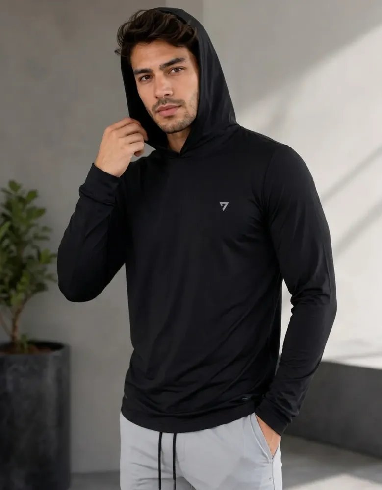 Camisa Térmica Manga Longa Com Capuz Proteção Solar Uv50+ Preto Liso M