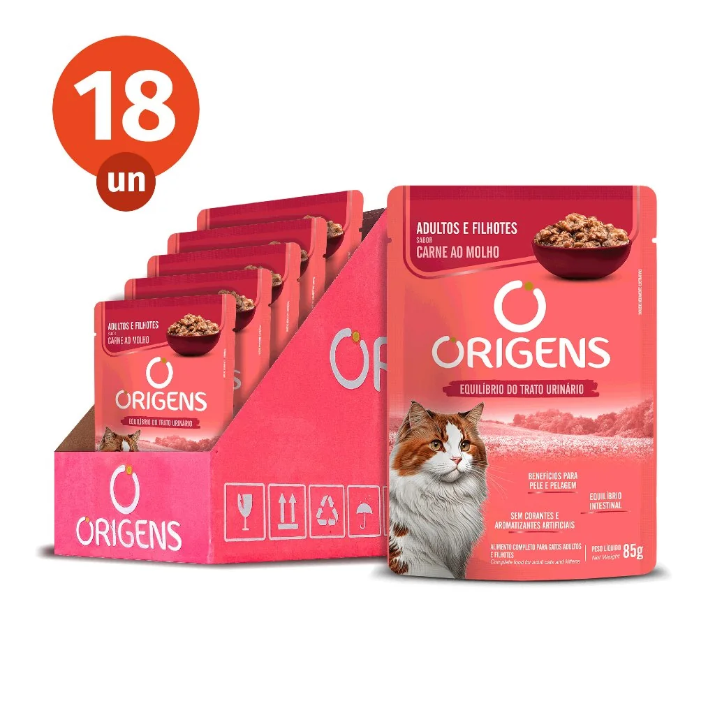 Kit CAIXA FECHADA 18 Sachê Origens Gatos Adultos e Filhotes Sabor Carne ao Molho Premium Especial 85g Adimax