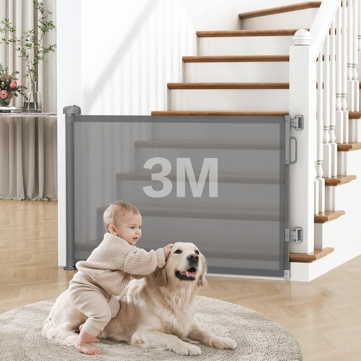 Portão de Segurança Retrátil para Bebês e Pets, 86 cm x 3 m, Tela PVC, cinza