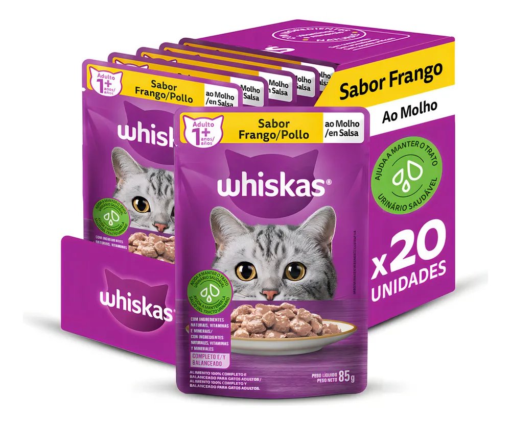 Pack Whiskas Sachê Frango ao Molho para Gatos Adultos – 20 unidades de 85 g