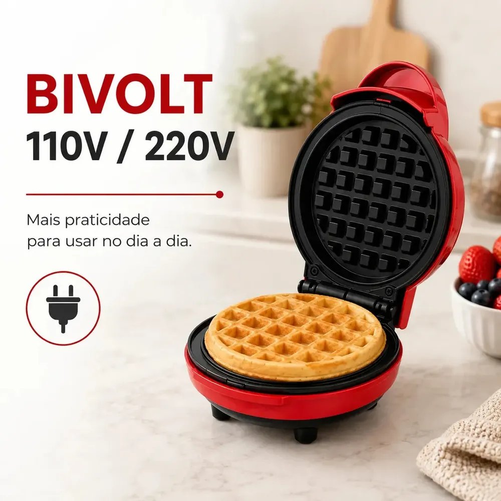 Maquina Waffle Elétrica Compacta Profissional Mini Panqueca Vermelho