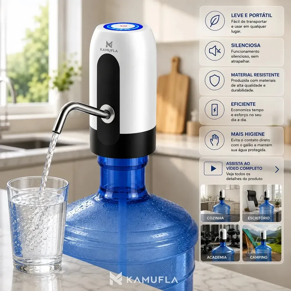 Bomba de Água Elétrica Kamufla Portátil para Galão de 20 L Inox Com Led
