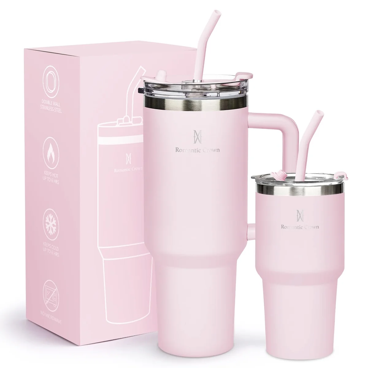Kit Copos Térmicos 1,18L + 591ml com Canudo, Tampa e Alça, Rosa Claro | Copos Canudo Tampa e Alça Garrafas Termico para viagem vácuo dupla camada aço inoxidável,