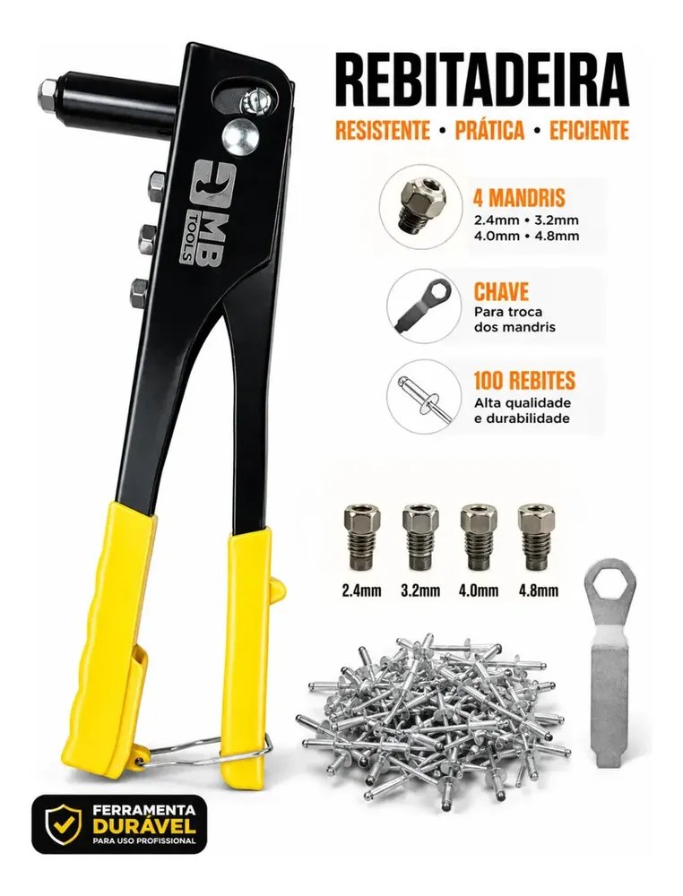 Rebitadeira Manual Alicate Rebitador Com 100 Rebites 4 Bicos Mandris