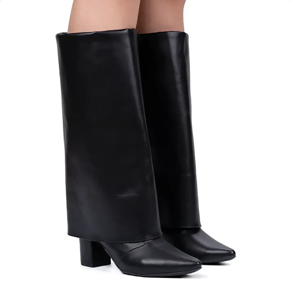 Bota Capa Feminina Cano Alto Salto Alto Bloco Bico Fino Preto 37