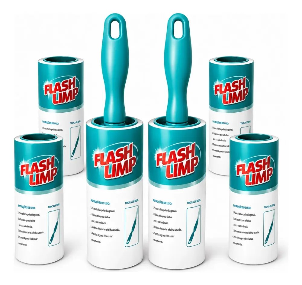 Kit 2 Rolo Tira Pelos De Roupas Flash Limp Adesivo + 4 Refis Azul-turquesa