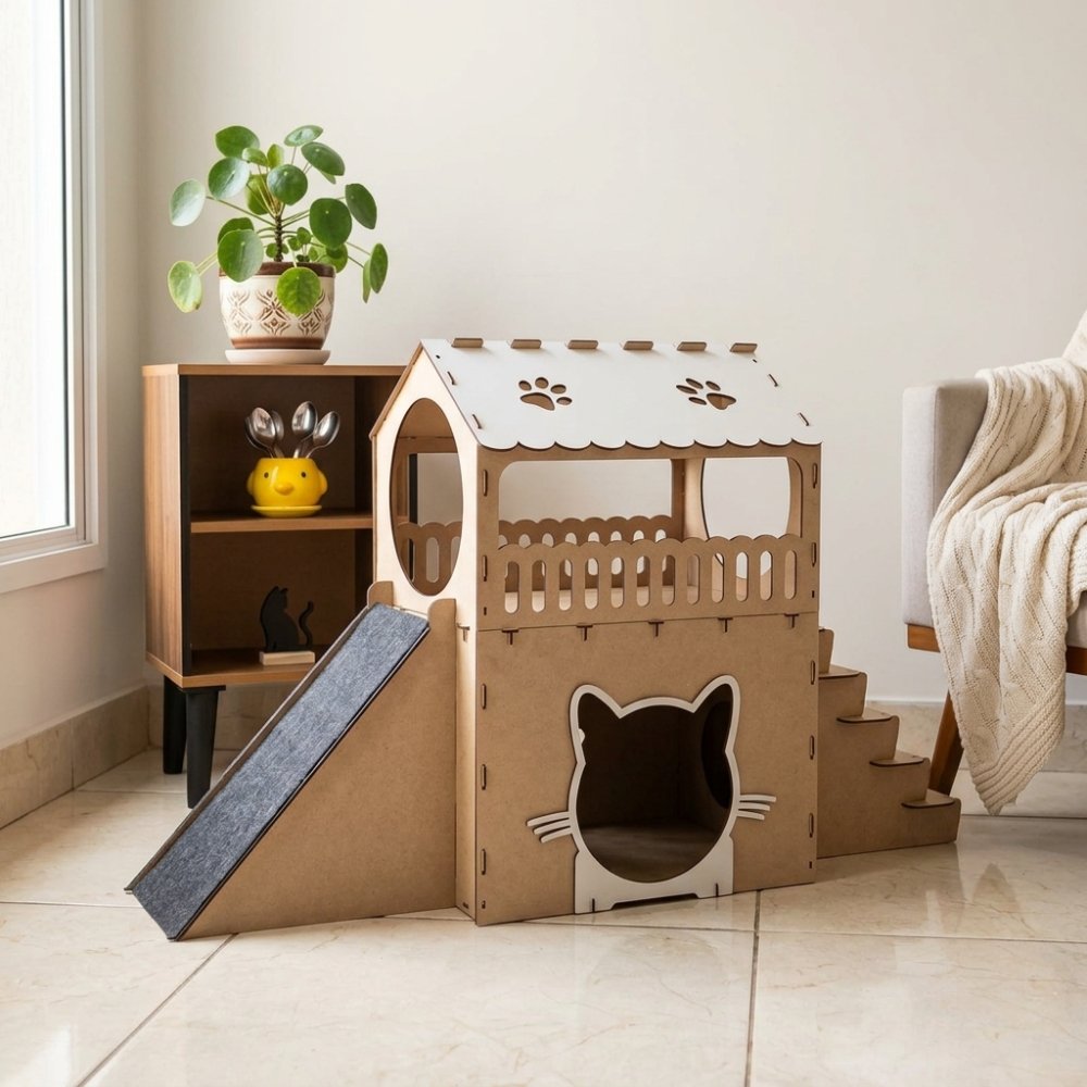 Casinha de Gato 2 Andares Playground Rampa Arranhador Toca Felino Brinquedo Degrau Casa