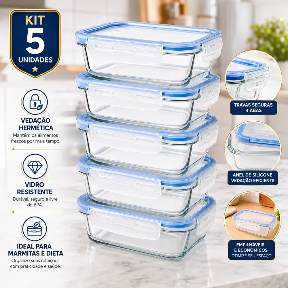 Kit 5 Potes Vidro Hermético 640ml Marmita Forno 4 Travas Azul