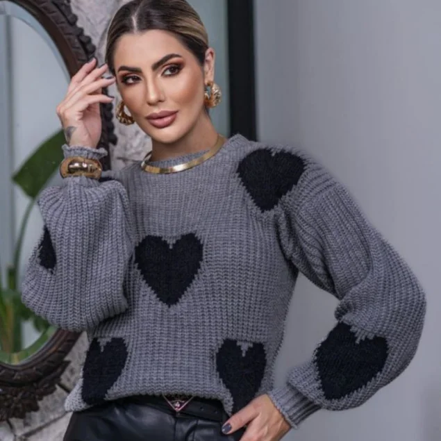 Blusa Feminina Tricô Coração Peluciado Fang Manga Longa Bufante Oversized Inverno Quente Tricot S&ATricot Blusa Feminina Shopee