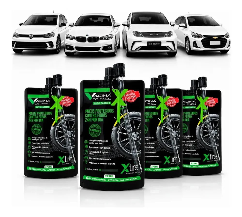 Kit 4 Vacina De Pneu Xtire Para Carro Selante Anti Furo Auto Hatch/sedan