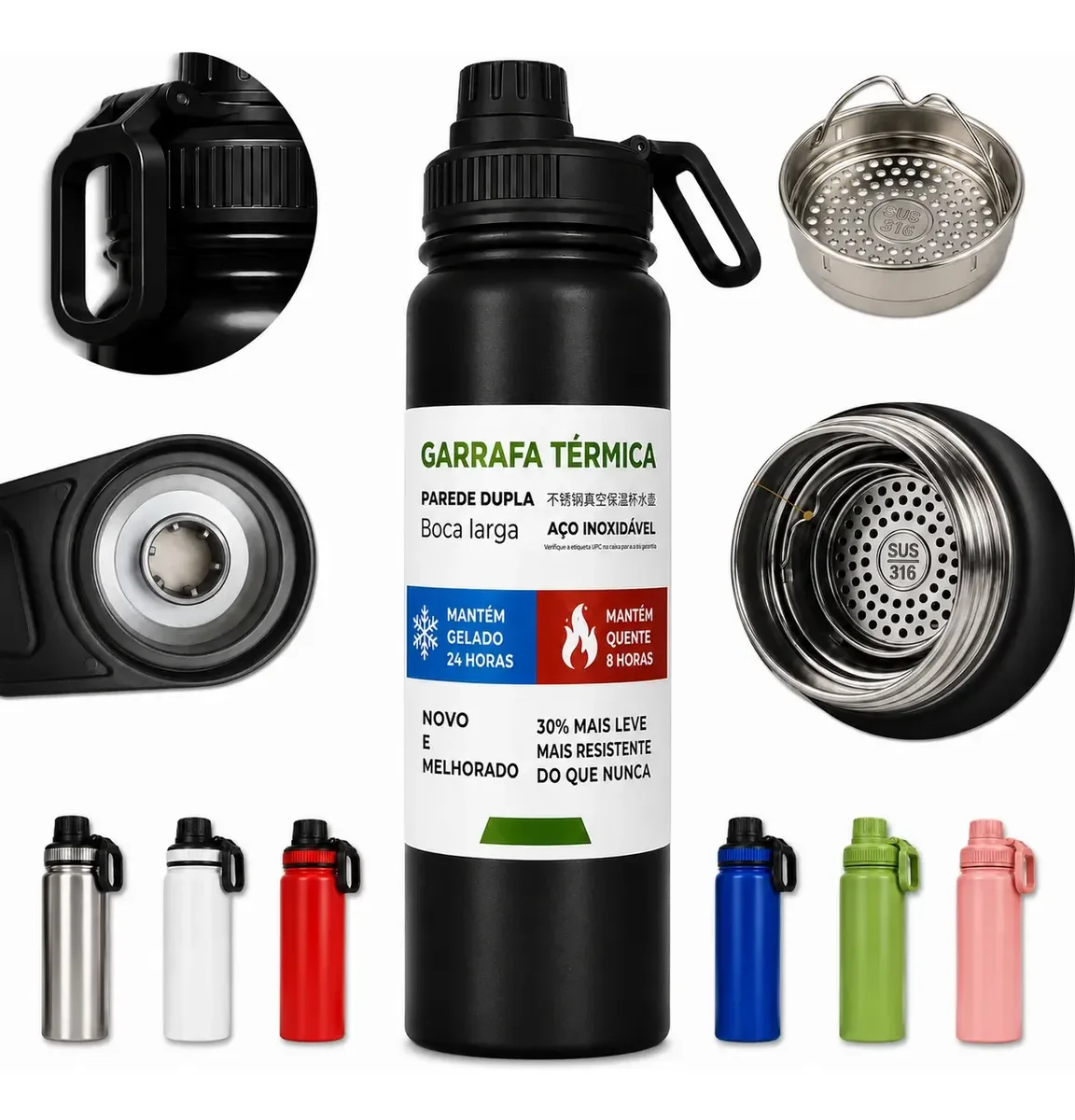 800ml Garrafa Térmica Água E Café Squeeze Inox Academia Alça