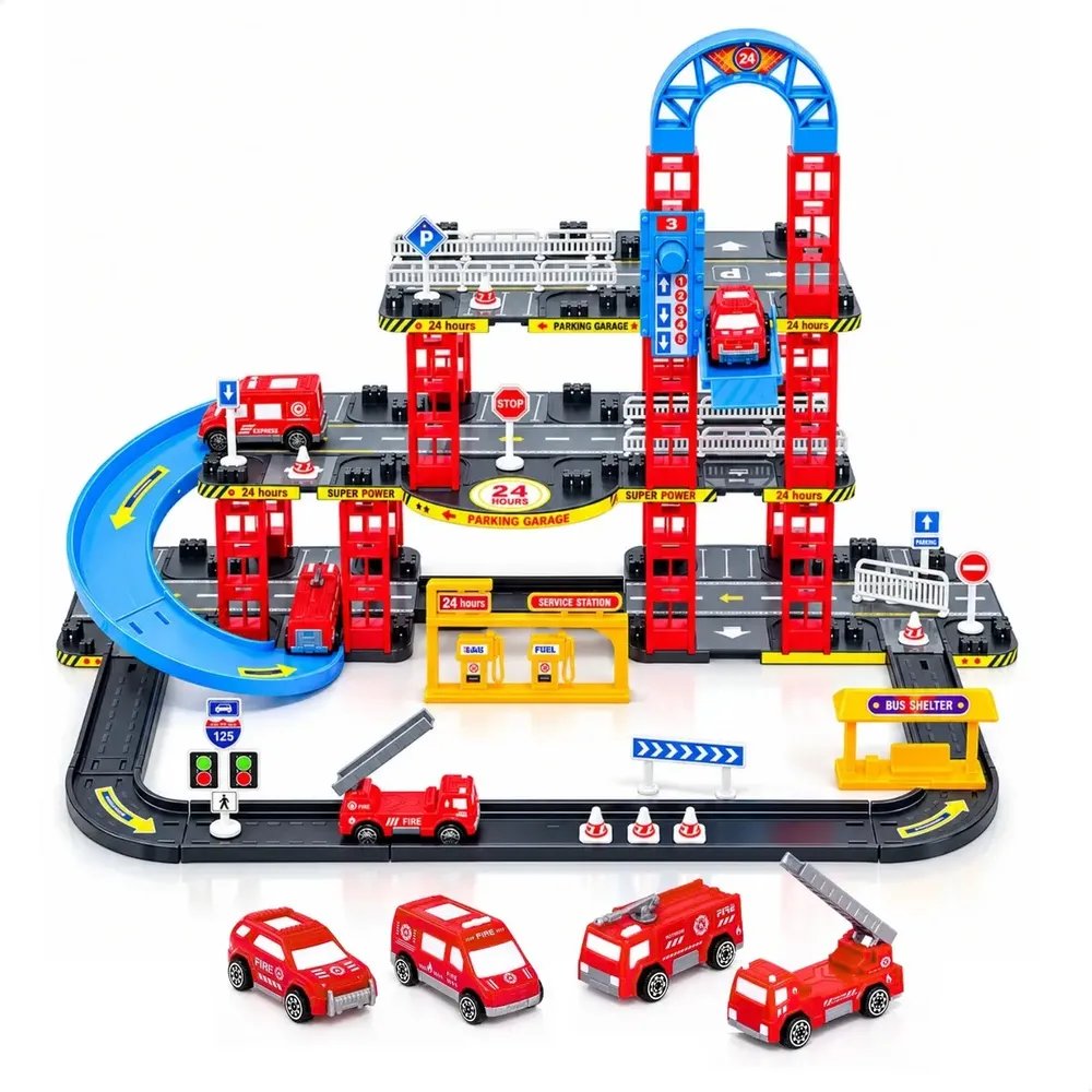 Pista De Carrinhos Bombeiros Brinquedo Infantil Corrida Vermelho