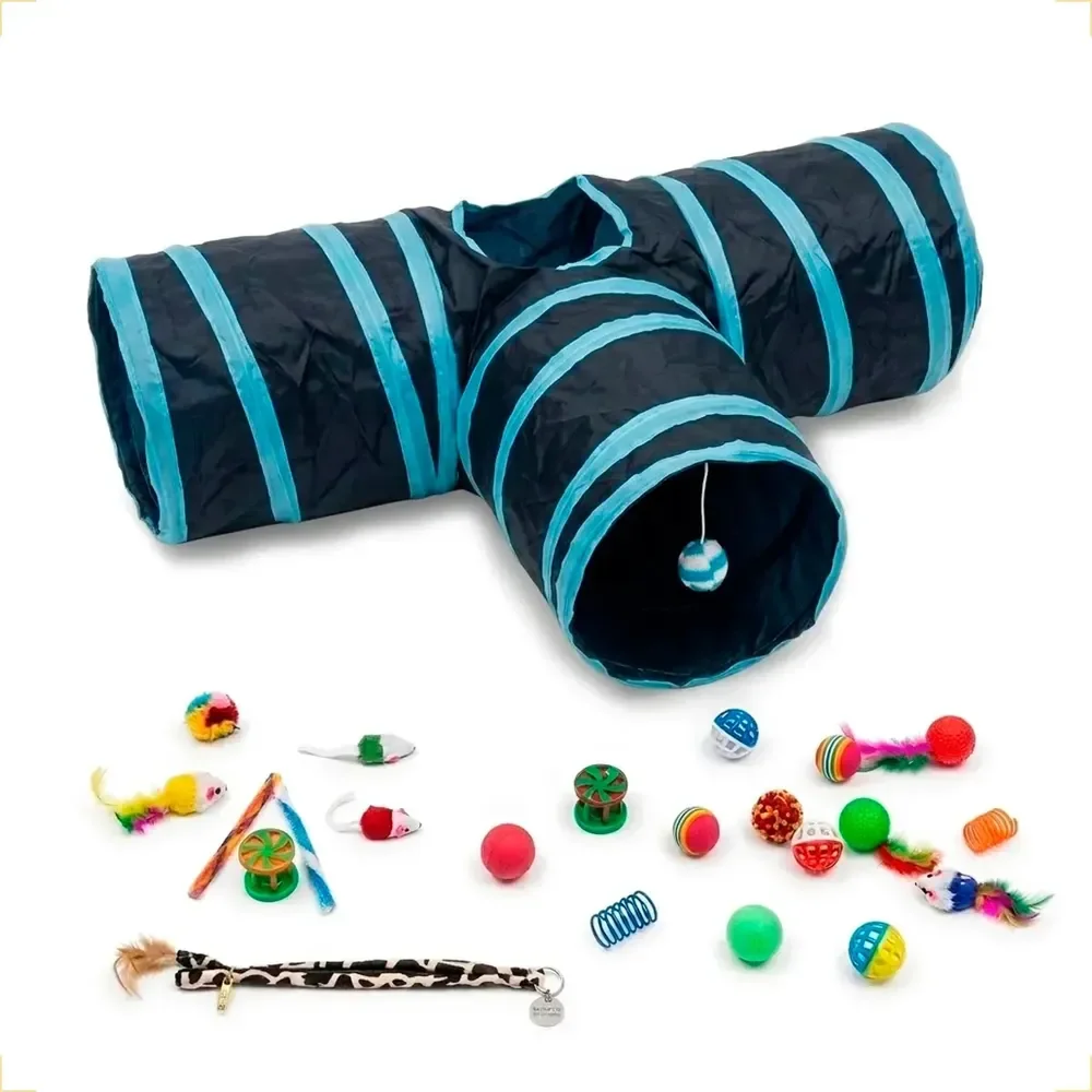 Túnel Para Gatos 3 Saídas Com Brinquedos Kit Interativo Animaux 22 Itens Dobrável Resistente