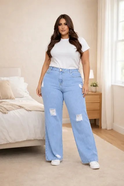 Calça Plus Size Jeans Feminina Wide Leg Levanta Bumbum