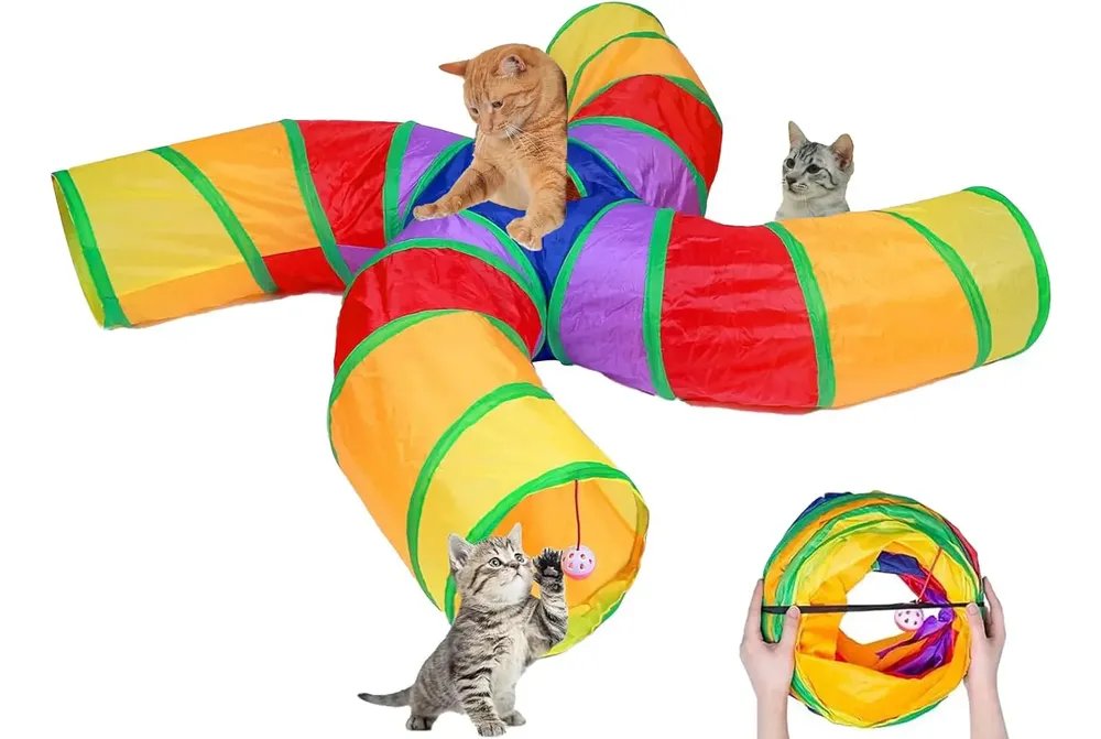 Brinquedo Gato Tunel Para Gato Interativo Dobrável 4 Saídas Colorido